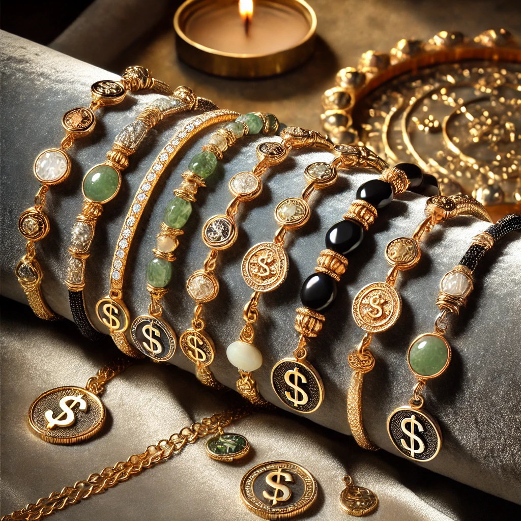 DALL·E 2025 04 04 00.58.47 A collection of elegant money magnet bracelets displayed on a luxurious velvet surface. The bracelets are made of different materials including gold