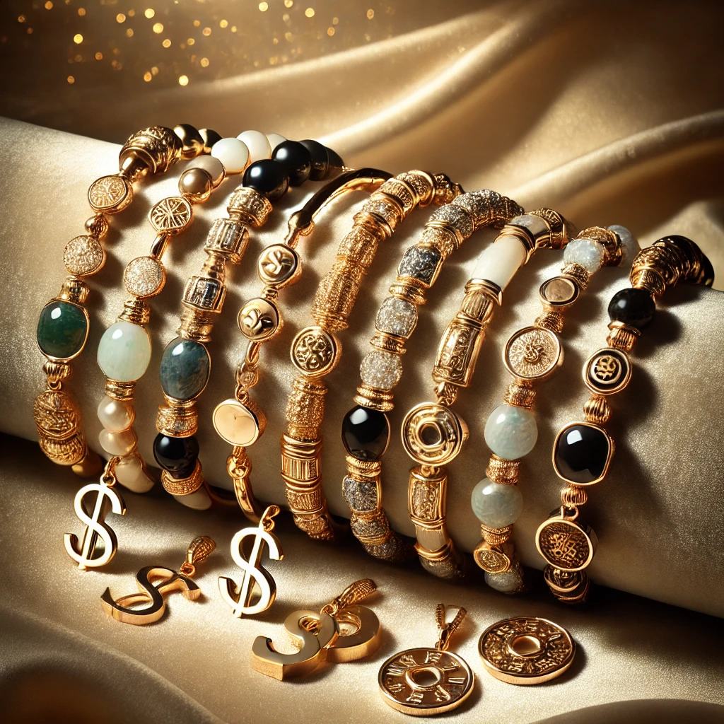 DALL·E 2025 04 04 00.58.51 A collection of elegant money magnet bracelets displayed on a luxurious velvet surface. The bracelets are made of different materials including gold